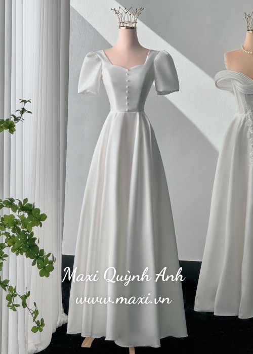 Váy Cưới Tay Phồng Trắng Tùng Suông