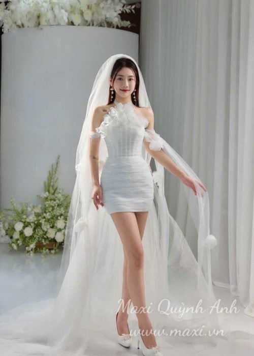 Váy Cưới Ngắn Cổ Yếm Phối Bèo