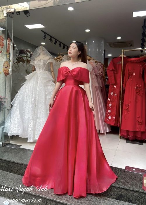 váy Cưới Organza Trễ Vai Nơ Đỏ Tao Nhã