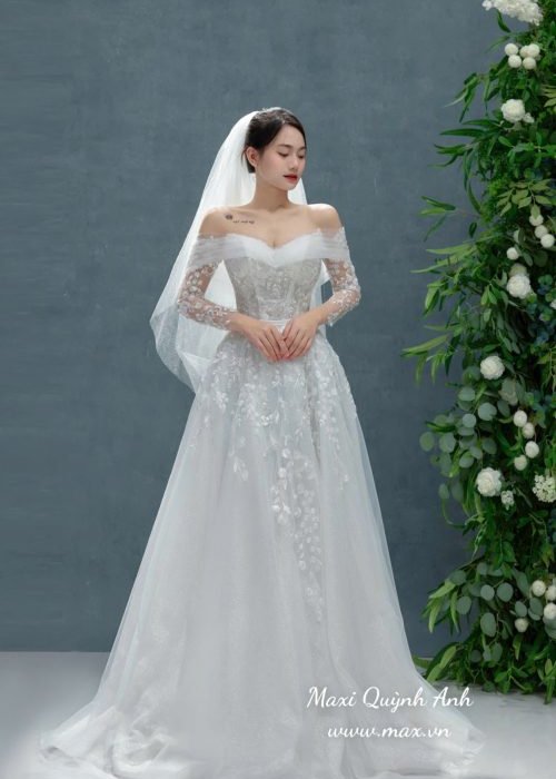 Váy Cưới Tay Dài Phối Hoa Cao Cấp