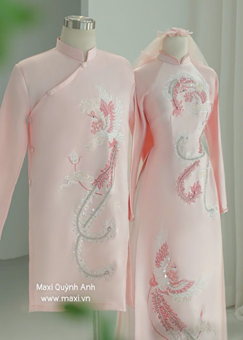 Cặp Áo Dài Cưới Uyên Ương Thiên Hỷ Hồng Bạch Y