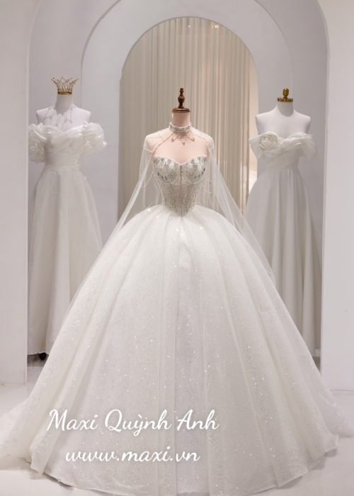 Váy Cưới Kim Sa Cup Ngực Kèm Choàng Cổ