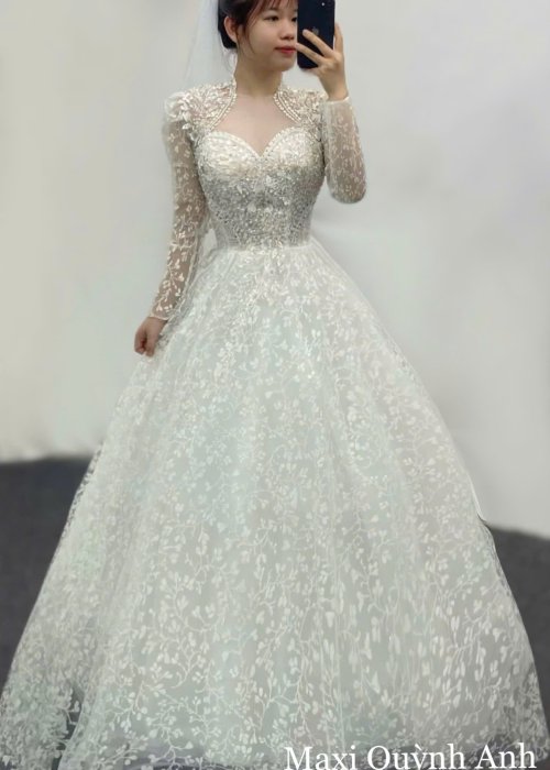 Váy Cưới Kim Sa Tay Dài Cao Cấp