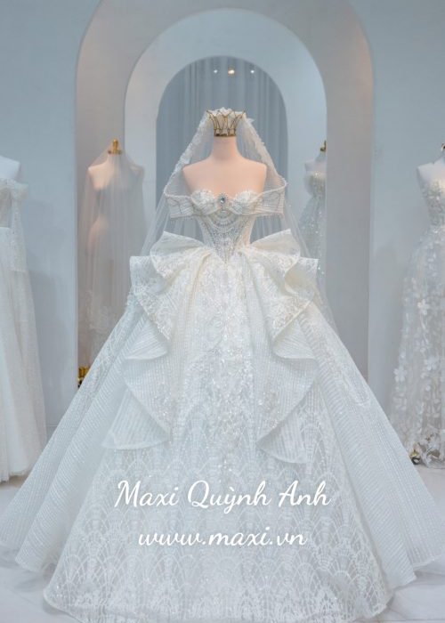 Váy Cưới Kim Sa Trễ Vai Bèo Tùng Cao Cấp