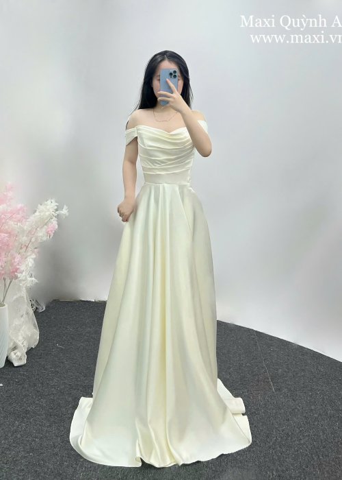 Váy Cưới Trễ Vai Xếp Ly Ngực