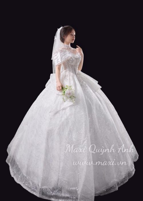 váy Cưới Trễ Vai Kim Sa Tùng Bèo Sang Trọng