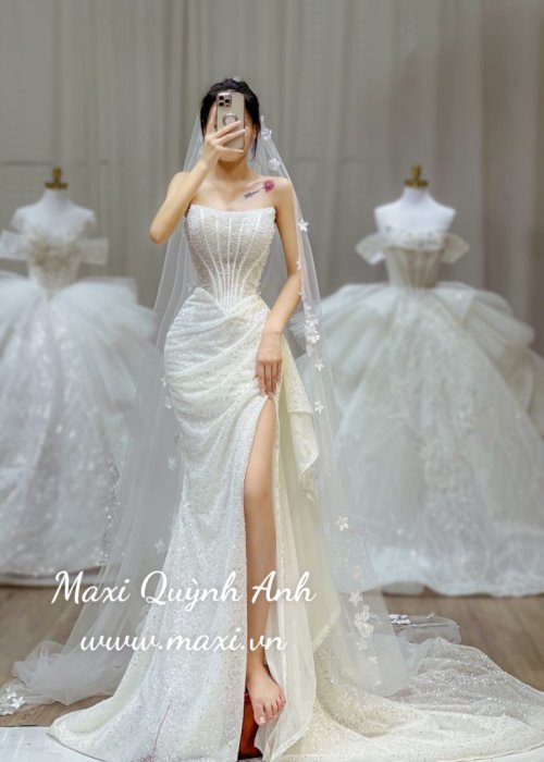 Váy Cưới Kim Sa Cup Ngực Xẻ Tà Sang Trọng