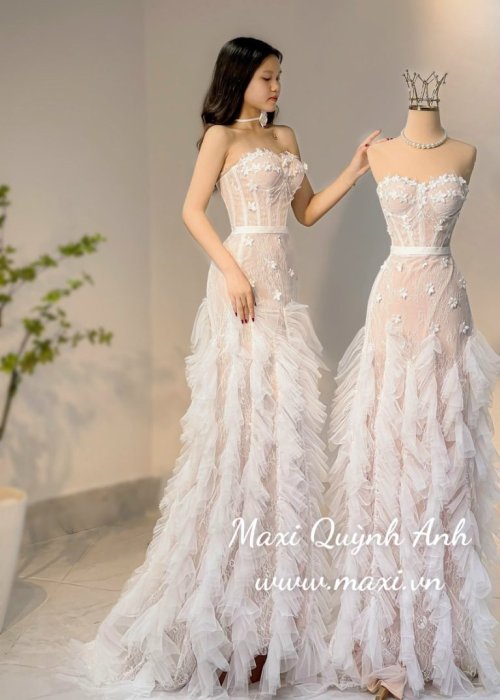 Váy Cưới Body Phối Ren Lông Vũ Tao Nhã