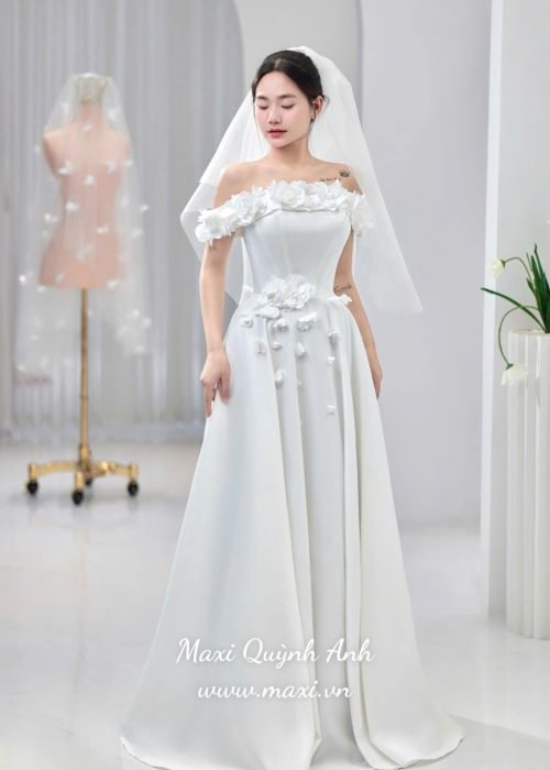 Váy Cưới Trễ Vai Hoa Nổi 3D Tao Nhã