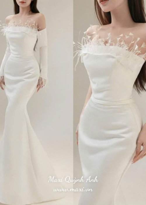 Váy Cưới Body Phi Lông Vũ 2in1 Tao Nhã