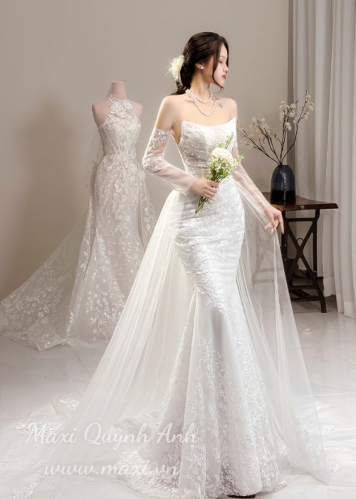 Váy Cưới Body Ren Cup Ngực Kèm Choàng