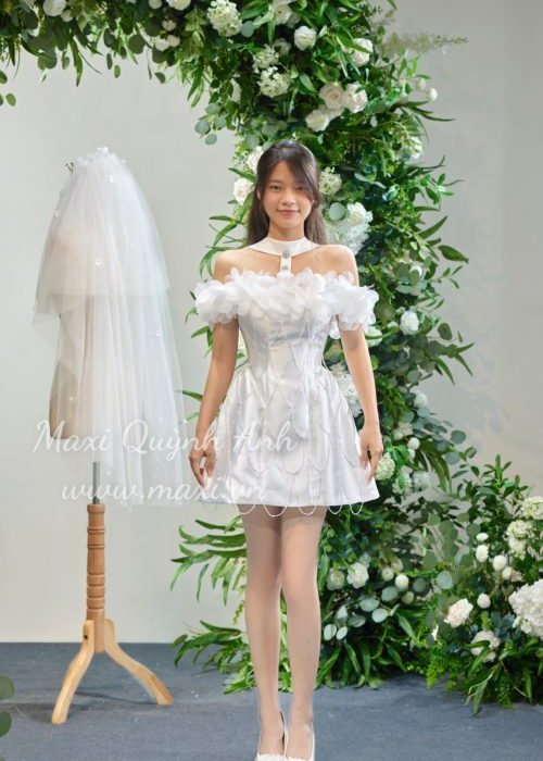 Váy Cưới Ngắn Phối Ngọc Trai Cao Cấp (2 Màu)