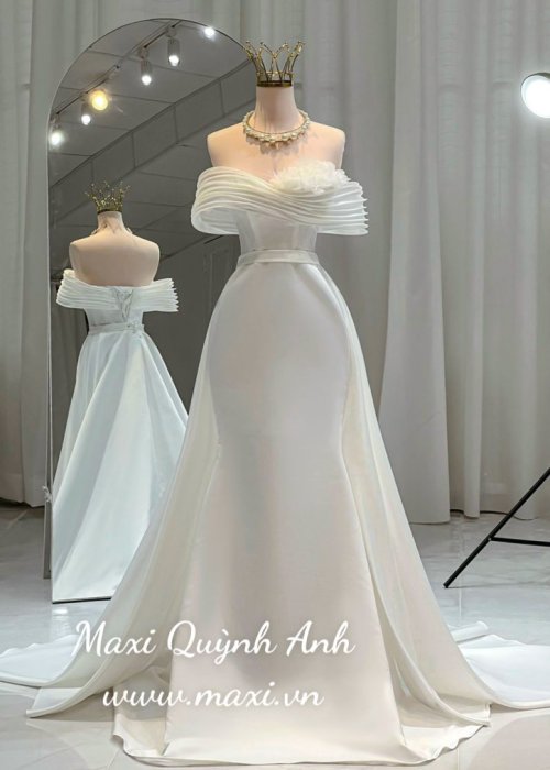 Váy Cưới Body Trễ Vai Xếp Ly Hoa Kèm Choàng Sang Trọng