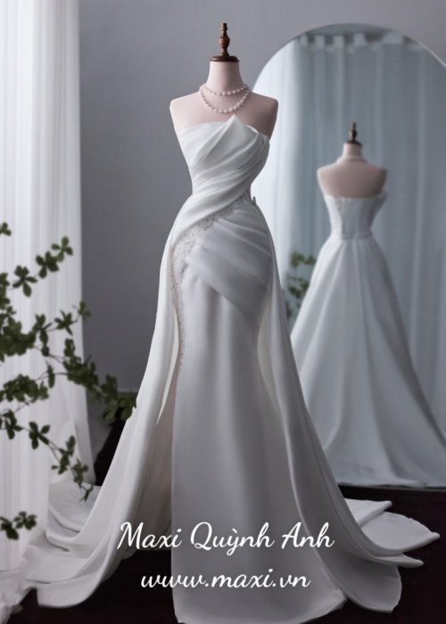 Váy Cưới Body Kết Ngọc Trai Tà Sang Trọng