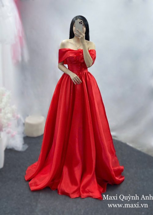 Váy Trễ Vai Đỏ Hoa