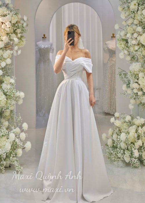 Váy Cưới Đơn Giản Cổ V Cup Ngực