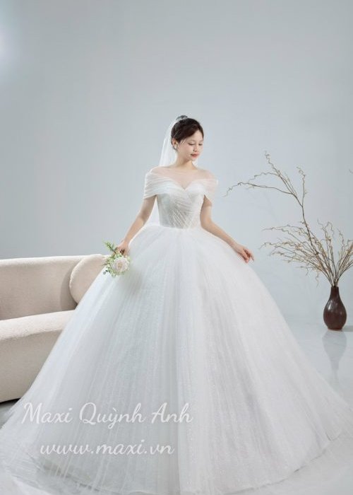Váy Cưới Trễ Vai Phối Phối Kim Sa Ngực Nhẹ Nhàng