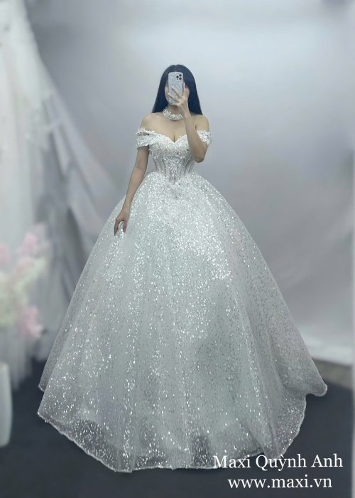 Váy Cưới Kim Sa Trễ Vai Phối Cao Cấp