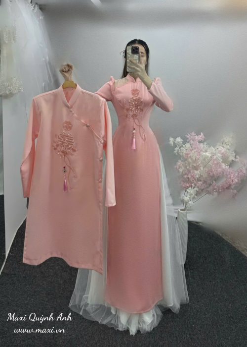 Cặp Áo Dài Cưới Hồng Chữ Hỷ Cao Cấp