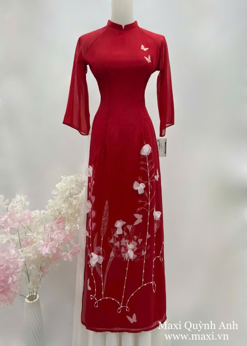 Áo Dài Cách Tân Đỏ Tuyết Mai Hoa Nhẹ Nhàng