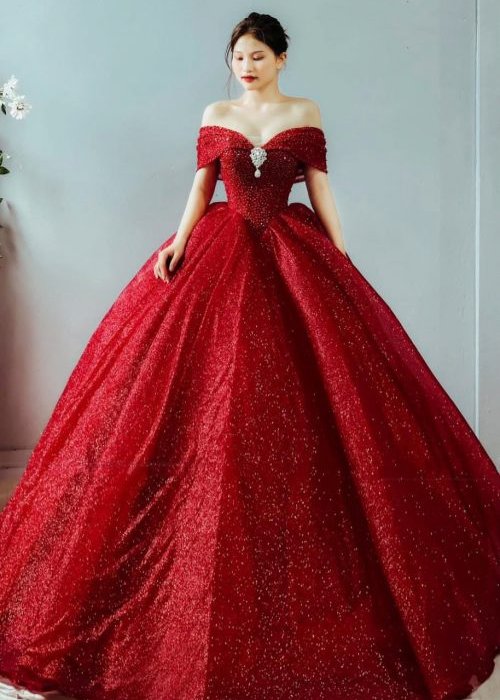 Váy Cưới Đỏ Đính Kim Sa Trễ Vai