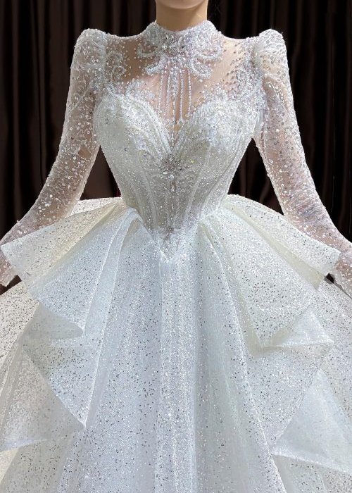 Váy Cưới Kim Sa Tay Dài Phối Vòng Cổ Cao Cấp