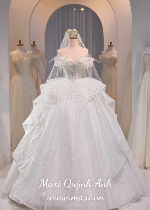 Váy Cưới Kim Sa Trễ Vai Bèo Tùng Cao Cấp
