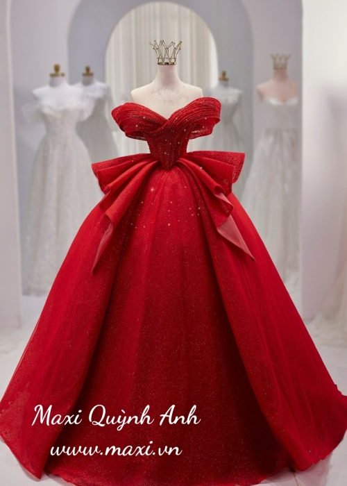 Váy Cưới Trễ Vai Xoắn Đỏ Cao Cấp