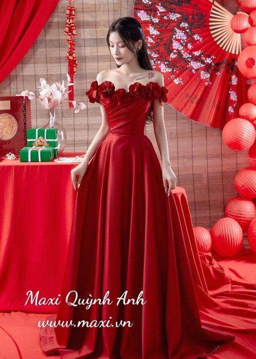 Váy Cưới Đỏ Trễ Vai Bèo Hoa
