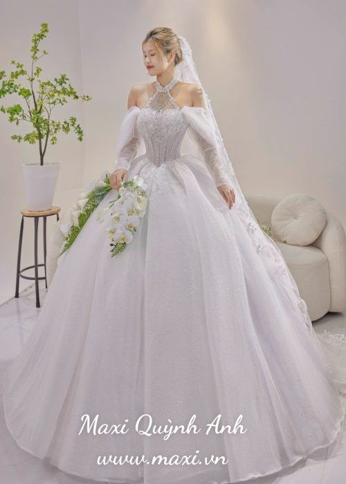 Váy Cưới Trễ Vai Tay Dài Cánh Tiên