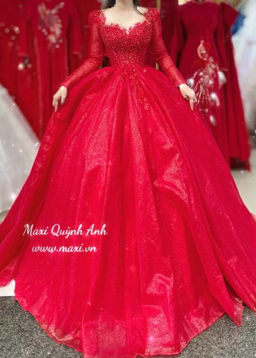 Váy Cưới Kim Sa Hoa Tay Dài Cao Cấp