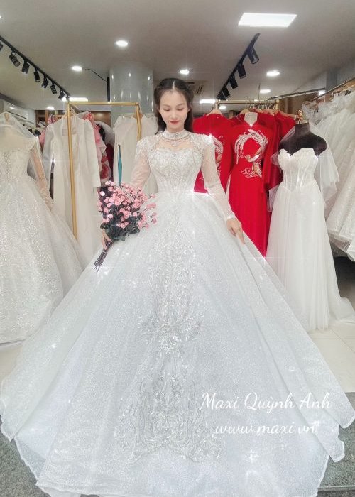 Váy Cưới Kim Sa Tay Dài Phối Vòng Cổ Cao Cấp