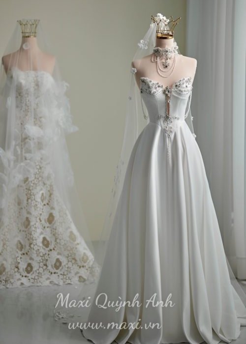 Váy Cưới Cổ V Đính Đá Sang Trọng