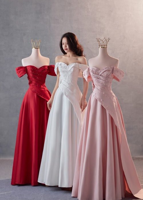 Váy Cưới Trễ Vai Xếp Ly Hoa Nhí Nhẹ Nhàng