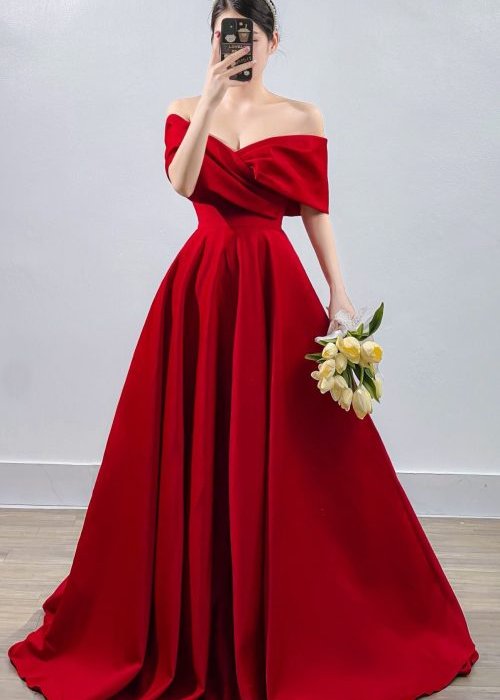 Váy Cưới Trễ Vai Nơ Đỏ Nhẹ Nhàng