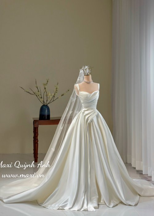 Váy Cưới Xếp Ly Ngực 2 Dây Bản To