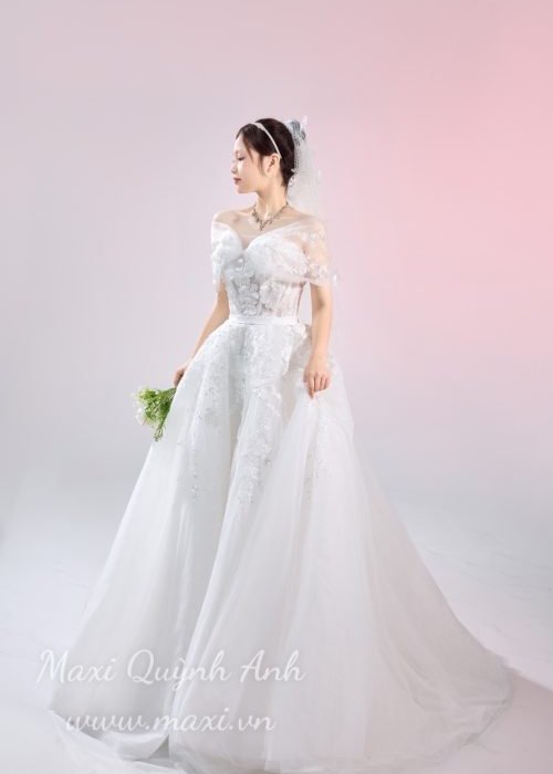 Váy Cưới Trễ Vai Đính Hoa Retro