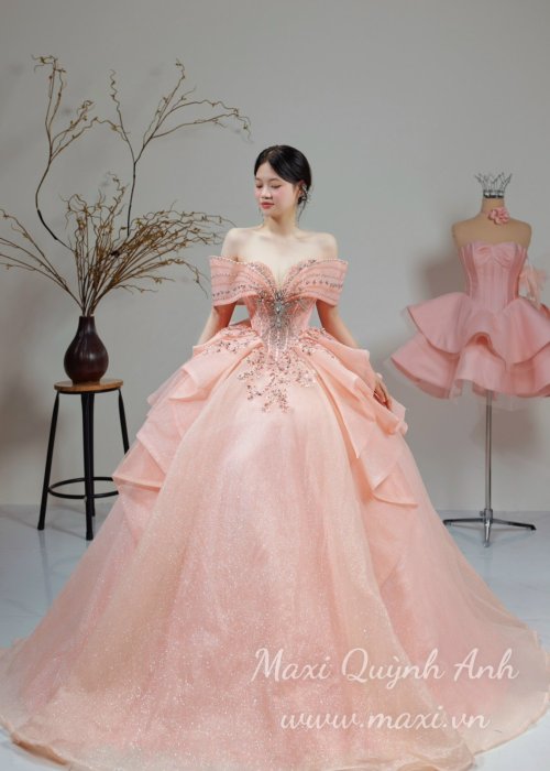 Váy Cưới Kim Sa Trễ Vai Nữ Hoàng Cao Cấp