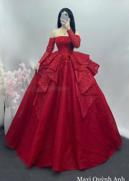 Váy Cưới Đỏ Kim Sa Tay Dài Cao Cấp