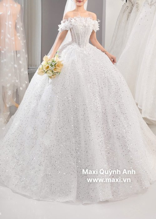 Váy Cưới Kim Sa Phối Trễ Vai Hoa Cao Cấp