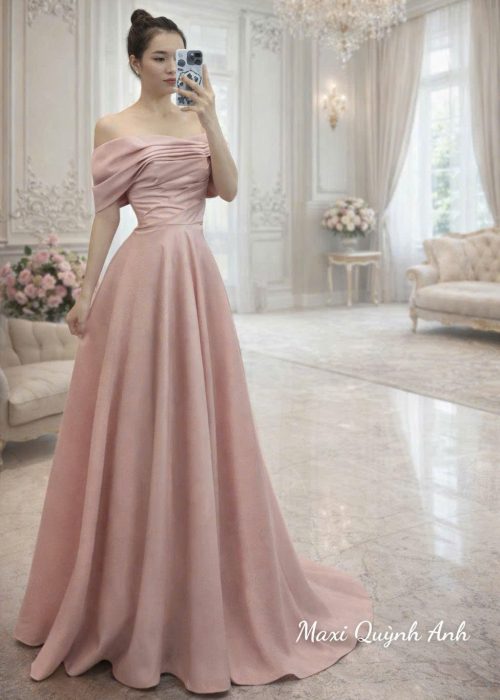 Váy Trễ Vai Hồng Xếp Ly Cao Cấp - QAD4847YY