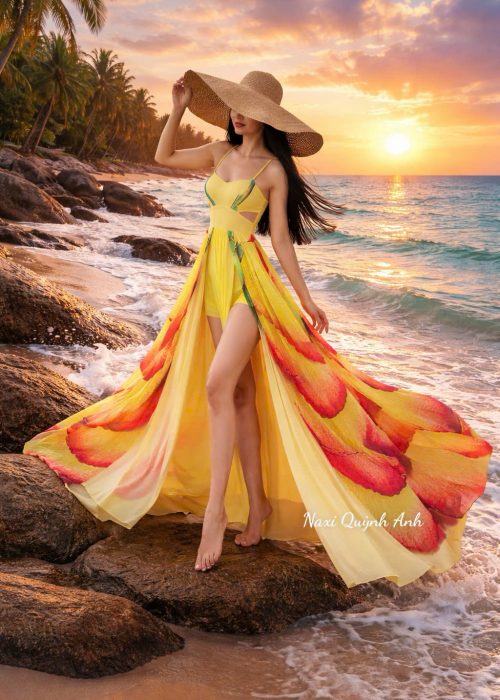 Đầm Maxi Loang Màu Xẻ Eo Tươi Tắn
