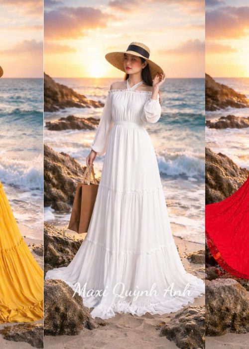 Đầm Maxi Trễ Vai Tay Dài Phối Cổ Bèo Tấng (3 màu)