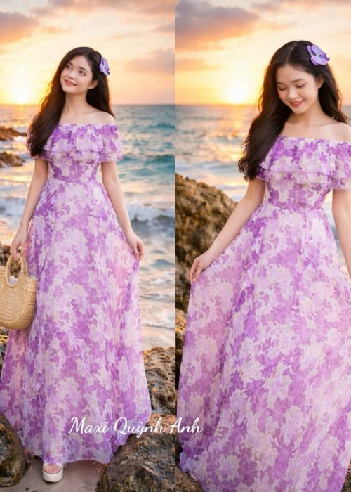 Đầm maxi trễ vai hoa tím