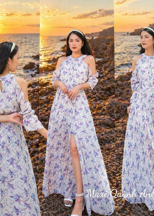 Đầm Maxi Hoa Cổ Yếm Xẻ Tà - QAMXHTXT