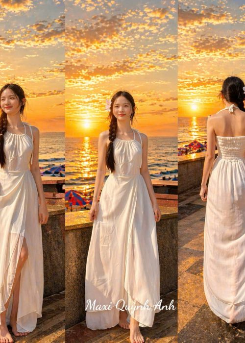Đầm Maxi Trắng Cổ Yếm Nhẹ Nhàng