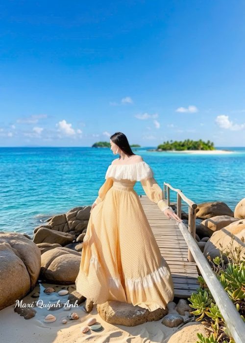 Đầm Maxi Caro Trễ Vai Tay Dài Phong Cách Tiểu Thư