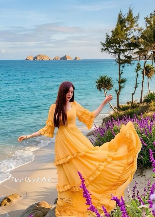 Maxi Du Lịch Đan Lưng Vàng