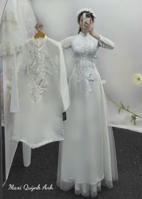 Cặp Áo Dài Cưới Thêu Uyên Ương Trắng