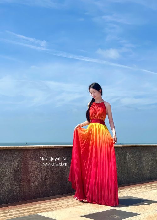 Váy Maxi Phối Màu Dập Ly